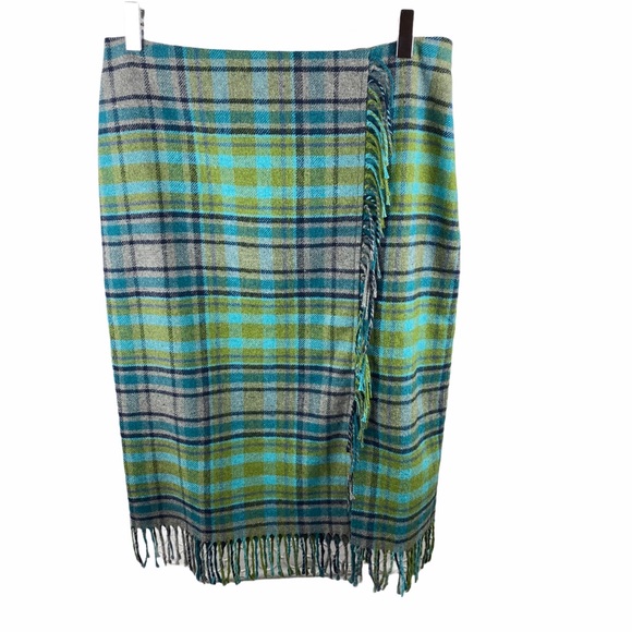 NWT J. Jill Green Blue Wool Plaid Fringe Skirt 8 - Picture 3 of 12